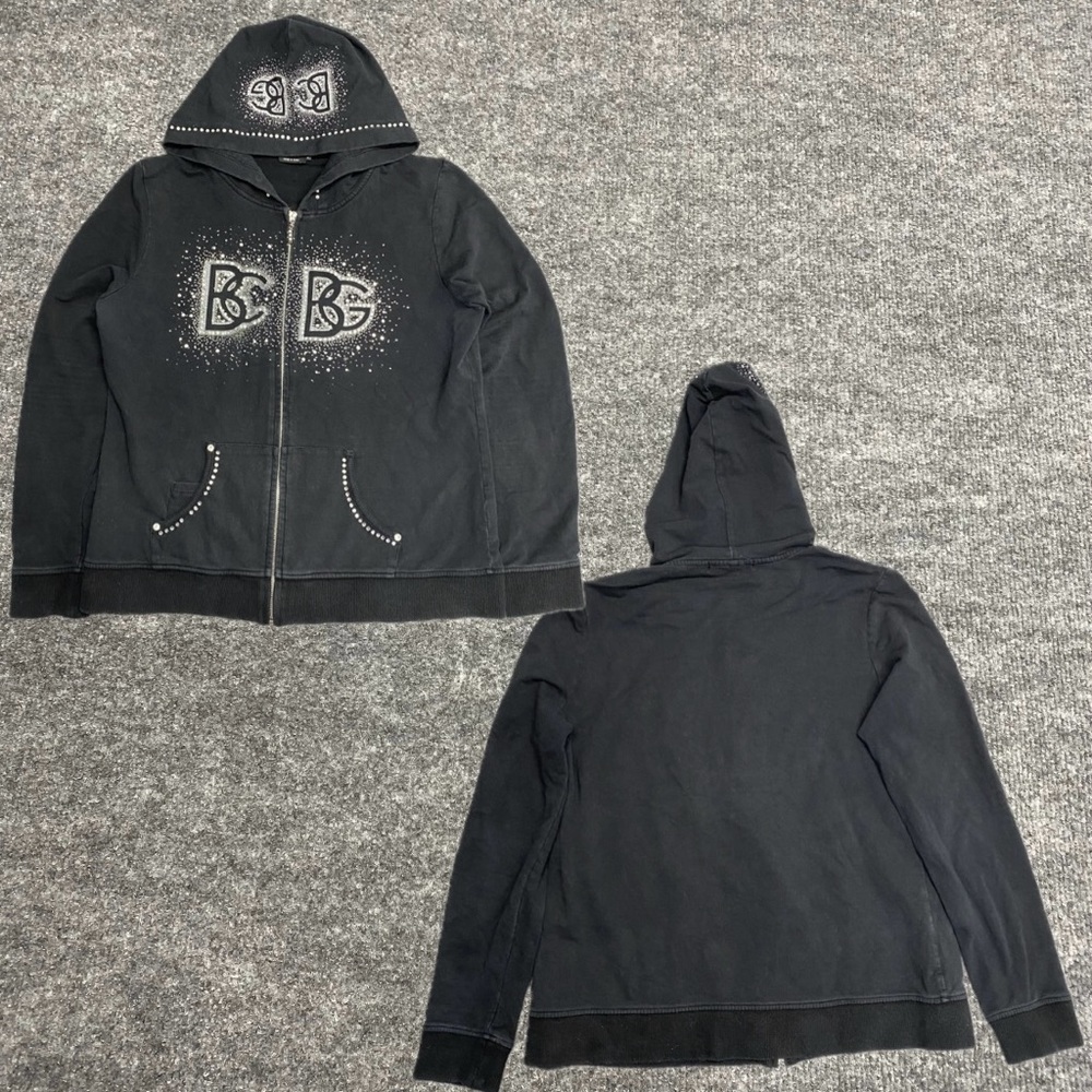 Y2K BCBG Black Maxazria Rhinstone Graphic Hoodie Size X-Large